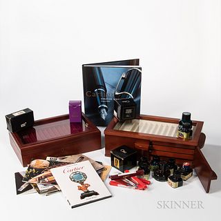 Collection of Fountain and Rollerball Pen Boxes, Books, Ink, and Empty Boxes.