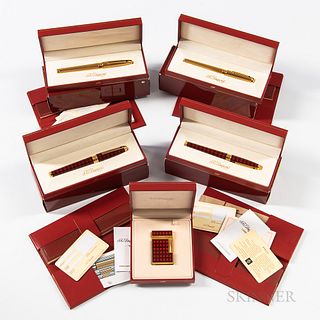 Two S.T. Dupont Pen and Lighter Sets, gilt ribbed fountain and rollerball "Olympio" cases, 18kt gold medium nib, original box and paper