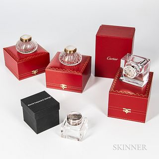 Two Cartier "Must de" Crystal Inkwells, Limited Edition Cartier Crystal and Watch Inkwell, and a David Hayward Inkwell, no. 0625/1000.