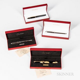 Four Cartier Pens, limited edition black lacquer and gold leaf pen no. 0537/1847; a limited edition platinum plated and blue enameled r