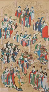 Chinese Painted Panel, 19th century or earlier, depicting nine groupings of scholars, warriors, and dignitaries