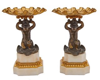 Pair of French Patinated and Gilt Bronze Figural Compotes with White Marble Bases, late 19th century