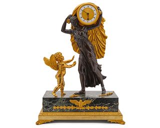 Fine French Neoclassical Gilt Bronze, Patinated Bronze, and Marble Mantel Clock, 19th century