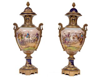 Pair of Sevres Porcelain Ormolu Mounted Covered Vases, late 19th century