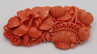 JEWELRY. Silver Mounted Carved Coral Salmon Brooch