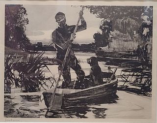 Lithograph of man pulling boat through marsh with dog and gun, Frank Benson