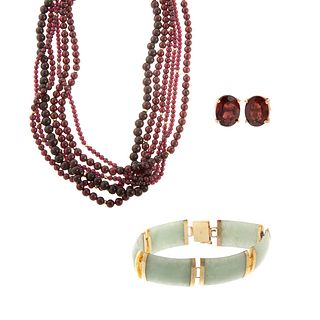 A Collection of Garnet & Jade Jewelry in 14K