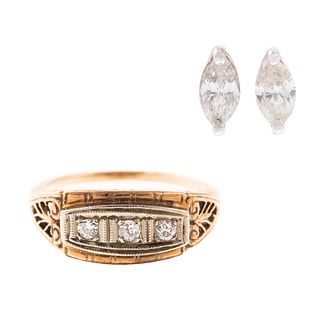 A 14K Art Deco Ring & Marquise Diamond Earrings
