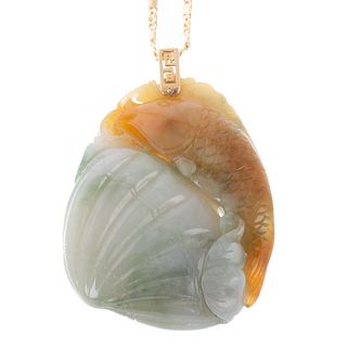 A Carved Jade Fish with Shell Pendant on 18K Chain