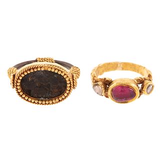 A Pair of 18K Ruby, Diamond & Ancient Coin Rings