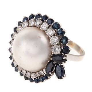 A Mabe Pearl, Diamond & Sapphire Ring in 18K