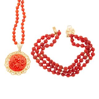 A Carved Coral Necklace & Bracelet in 14K