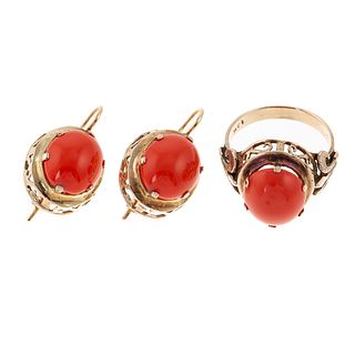 A Coral Ring with Matching Earrings in 14K