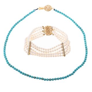 A Pearl & Diamond Bracelet with Turquoise Necklace