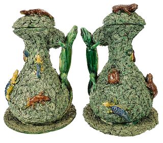 Pair Palissy Style Covered Majolica Ewers 