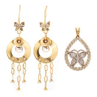 A Butterfly Pendant & Dangle Earrings in Gold