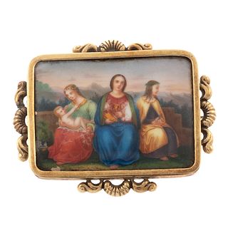 An Antique Painted Porcelain Pin/Pendant in 14K