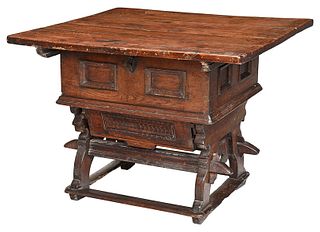 Early Paneled and Carved Oak Trestle Table