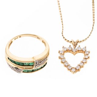 An Emerald & Diamond Ring & Diamond Pendant in 14K