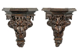 Pair Gothic Style Carved Wood Corbel Shelves