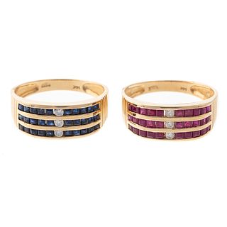 A Pair of Channel Set Ruby & Sapphire Rings in 14K