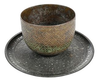 Persian Bronze Cup and Silver Inlaid Dish