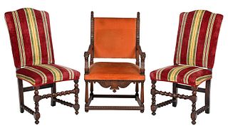 Pair Baroque Walnut Side Chairs, Carved Armchair