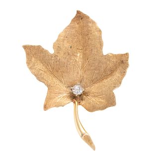 A Florentine Finish Diamond Leaf Brooch in 14K