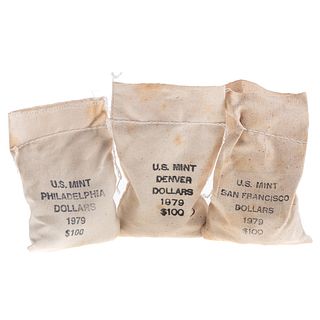 Three $100 Canvas Bags of 1979 PDS Anthony Dollars