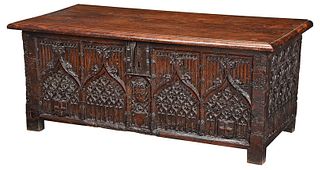 Fine Gothic Tracery Carved Iron Mounted Coffer