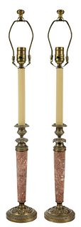 Pair French Marble Candlesticks Mounted as Lamps