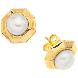CULTURED PEARLS STUD EARRINGS. 14K YELLOW GOLD