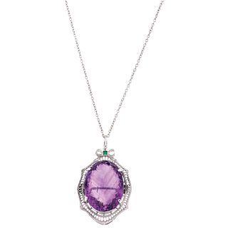 CHOKER AND PENDANT / BROOCH WITH AMETHYST, EMERALD AND DIAMONDS . 14K WHITE GOLD AND BASE METAL