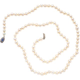 CULTURED PEARLS NECKLACE WITH  PALLADIUM SILVER CLASP WITH SAPPHIRE AND DIAMONDS