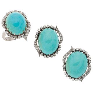 RING AND EARRINGS SET WITH TURQUOISES AND DIAMONDS. PALLADIUM SILVER