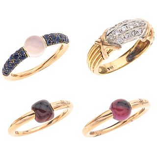 THREE RINGS WITH RODOLITE, GARNET, MOONSTONE AND SAPPHIRES. 18K PINK GOLD. POMELLATO, M'AMA NON M'AMA COLECTION AND DIAMONDS RING. 16K YELLOW GOLD 