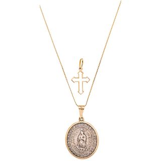 CHOKER, MEDAL AND CROSS. 14K YELLOW GOLD AND SILVER