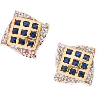 STUD EARRINGS WITH SAPPHIRES AND DIAMONDS. 14K YELLOW GOLD