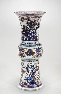 Chinese Blue, Red and White Porcelain Gu-Form Vase