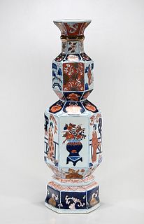 Chinese Blue, Red, and White Porcelain Hexagonal Vase