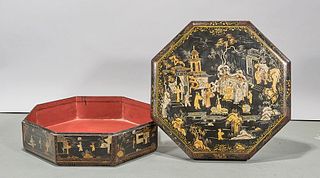 Chinese Black Lacquered Covered Octagonal Box