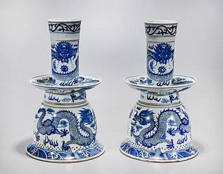 Pair Chinese Blue and White Porcelain Candlesticks