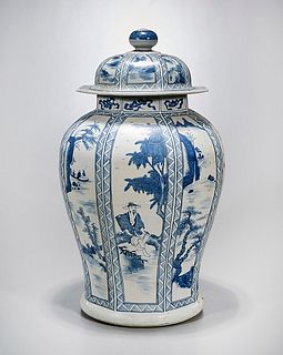 Tall Chinese Blue and White Porcelain Octagonal Covered Vase