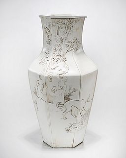 Tall Chinese White Glazed Porcelain Hexagonal Vase