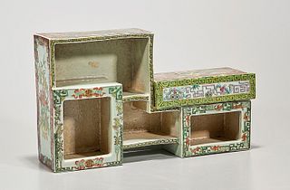 Chinese Enameled Porcelain Miniature Shelving Cabinet