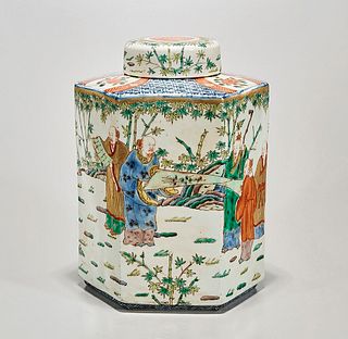 Chinese Famille Verte Porcelain Hexagonal Covered Vase