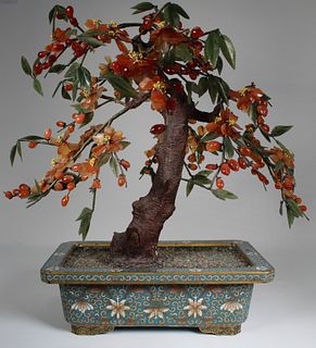 Chinese Cloisonne Jade and Hardstone Tree