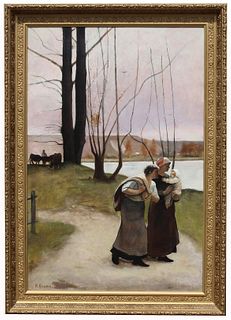 Signed, 19th C. Painting of Women on a Pathway