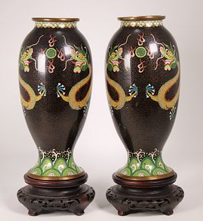 Pair, Chinese Cloisonne Dragon Vases on Wood Base