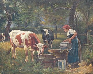 Signed, Painting of Woman with Livestock